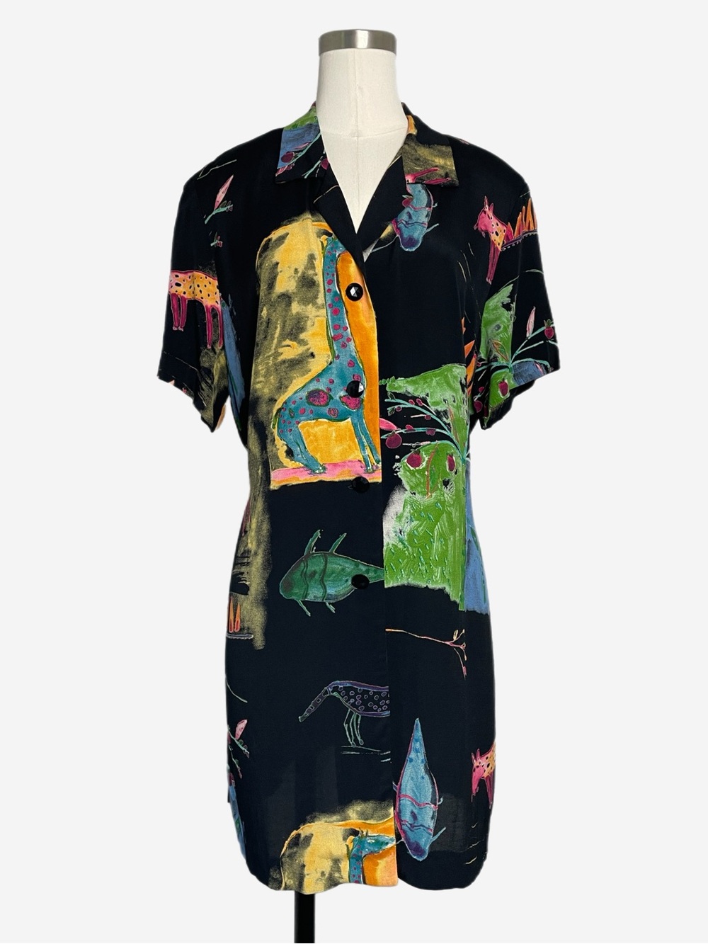 Vintage 90s Jeffrey & Dara Black watercolor animal tunic art to wear folk art M
